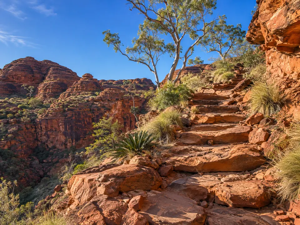 Rough rock steps climbing a red sandstone slope