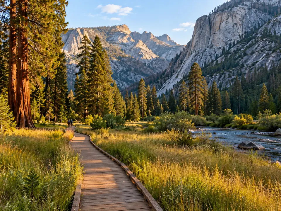 A boardwalk across a green meadow under granite cliffs